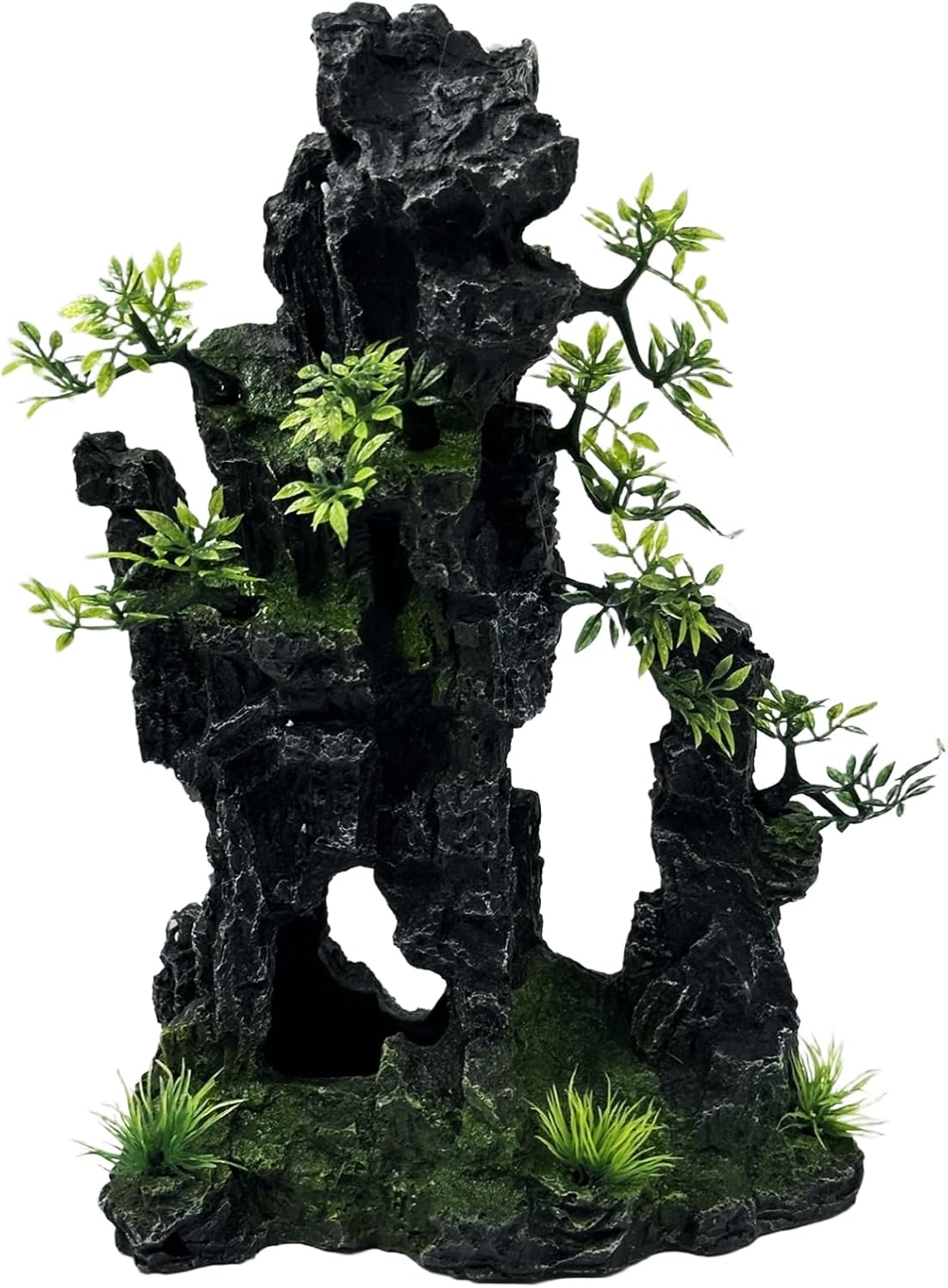 Large and Tall Fish Tank Decorations Aquarium Mountain View Stone Decorations Resin Rock Aquascaping with Hiding Cave, Fish Tank Accessories Aquarium Ornaments with Small Plants (C)