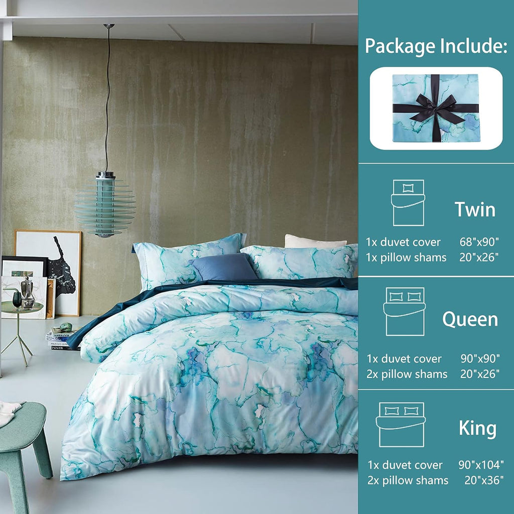 MILDLY 100% Long-Staple Cotton Duvet Cover Set Aqua Watercolor Marble Pattern Printed Comforter Cover 3pcs, Ultra Soft & Breathable Bedding Set