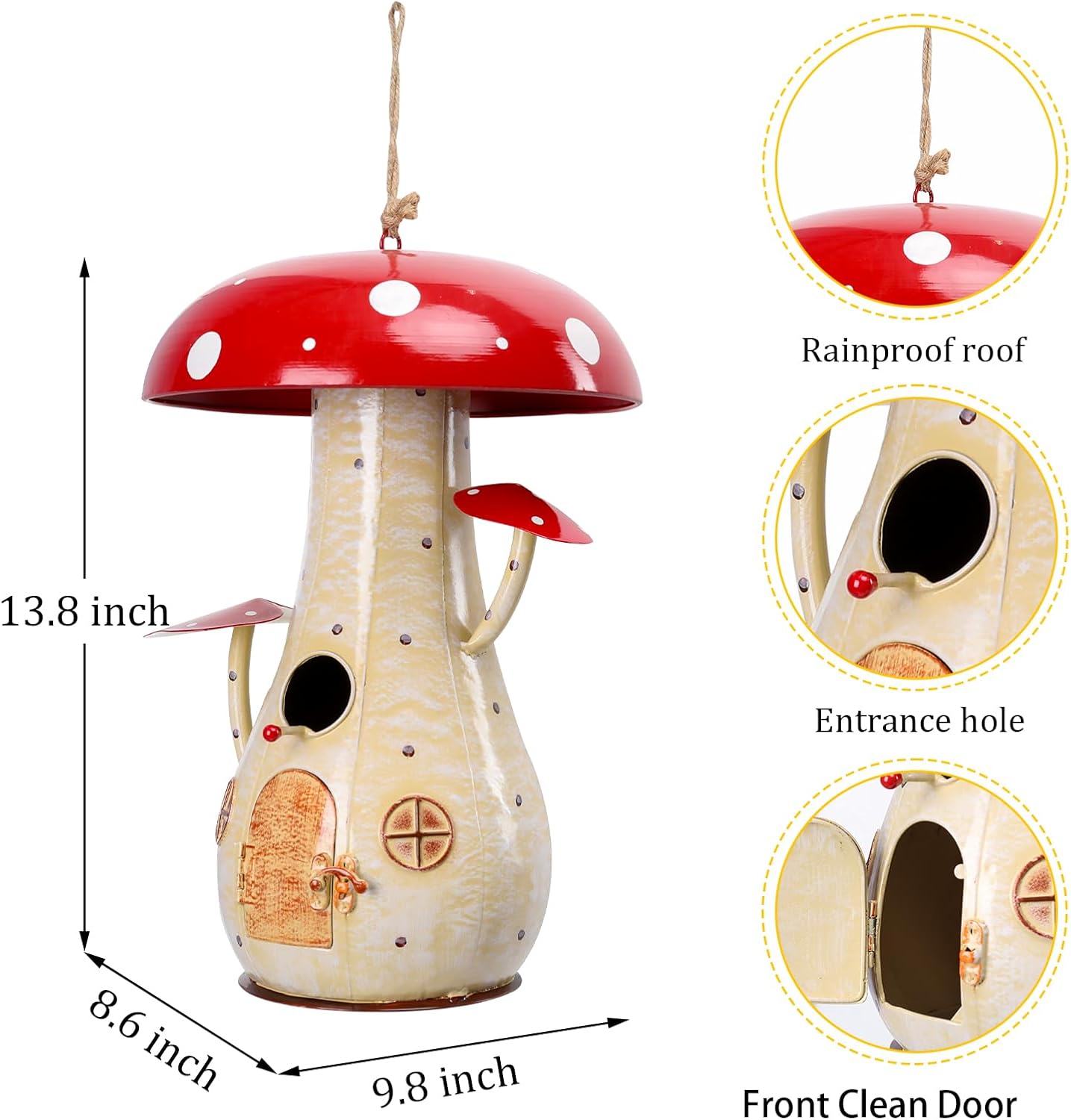 Yinns Metal Mushroom Bird House, Wild Bird House Outdoor, Decorative Birdhouse for Home Garden Decor, 13.8 Inch Big Bird Houses