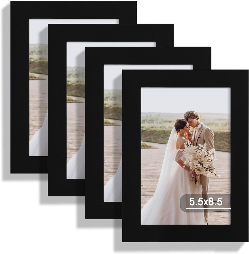 5.5x8.5 Picture Frame Set of 4, Made of Real Glass and Black Frame, 5.5 by 8.5 Photo for Wall or Tabletop