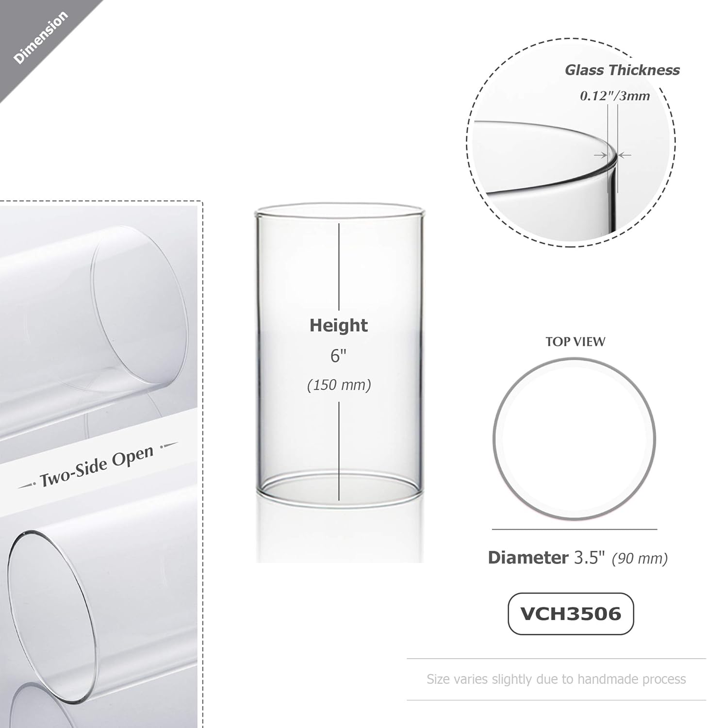WGVI Hurricane Candle Holder Sleeve, Wide 3.5", Height 6", Clear Glass Cylinder Candleholder, Chimney Tube, Open Ended Candle Shade, 12 Pieces Bulk