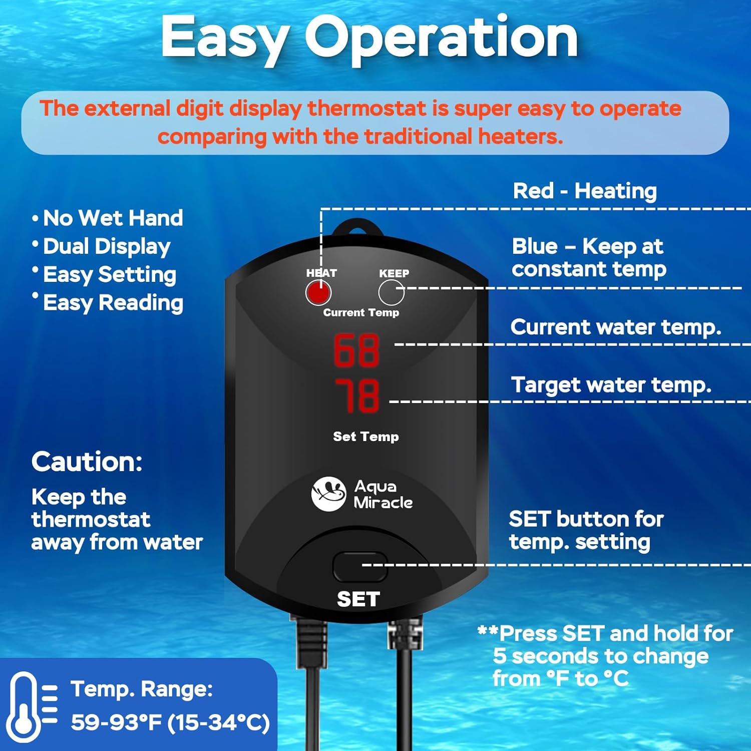 AquaMiracle 200W Small Aquarium Heater Fish Heater, Super Compact Fish Tank Heater Turtle Tank Heater for 20-40 Gal Tanks, with Dual LED Display, Dry-Run/Overheating Protection & Memory Function