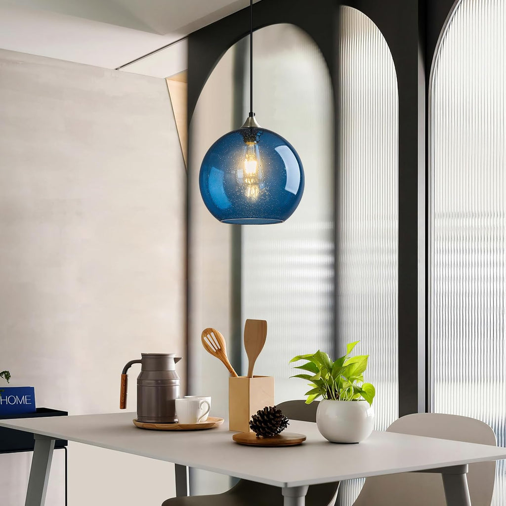 Blue Glass Pendant Lights Kitchen Island Lighting Globe Pendant Light Fixtures Modern Pendant Lighting for Kitchen Island Bedroom Living Dining Room Light Fixture(9.84in, 1-Pack)