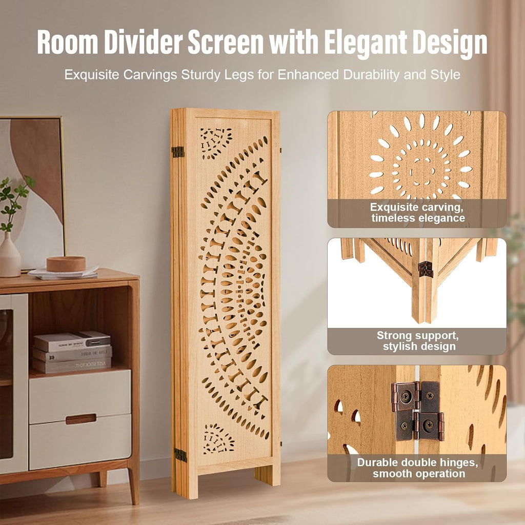6 Panel Wood Room Divider Fully Assembled, Decorative Room Dividers and Folding Screens, 5.6Ft Room Divider Screen Freestanding Partition Wall Dividers for Home Bedroom Office, Light Brown