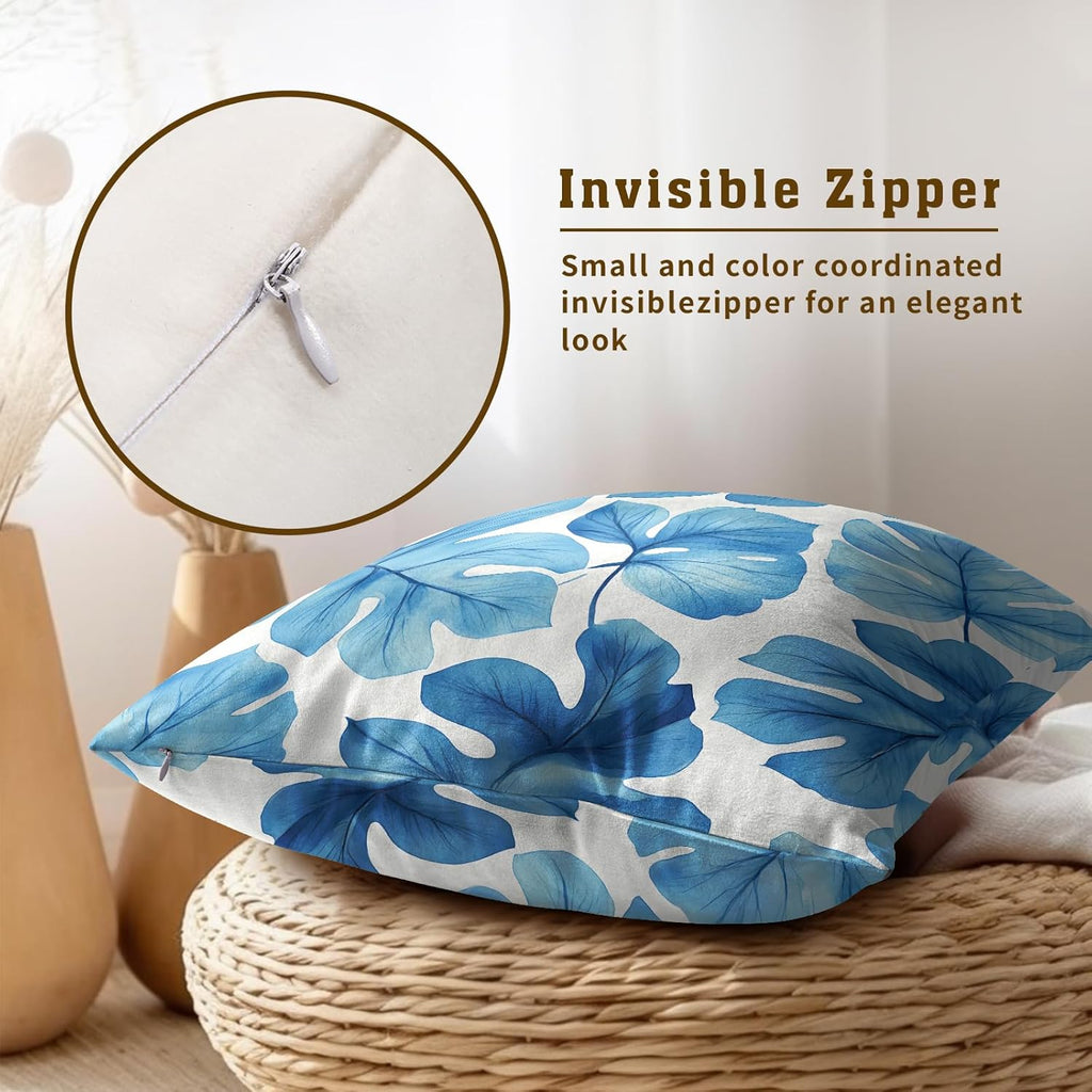 Blue Tropical Leaves Throw Pillow Covers Set of 2 Ultra-Soft All-Season Pillow Shams with Hidden Zipper,Durable for Sofa Bed Car Decor & Gift Luxury 18x18IN