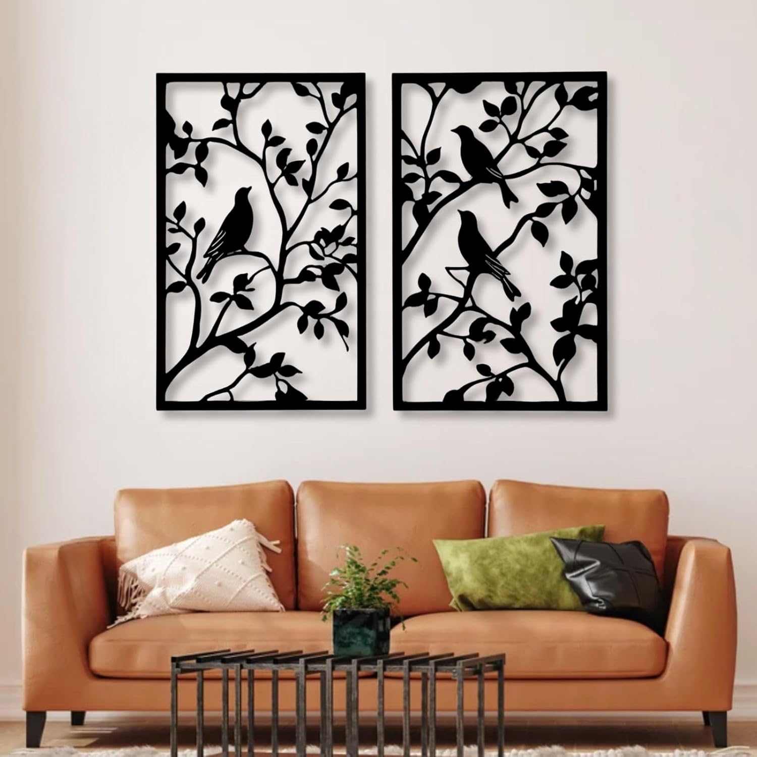 huefoam 2 Pieces Birds on a Branch Wall Decor, Metal Tree Branch Wall Decor, Metal Bird Wall Art for Living Room, Bedroom, Dining Room (Gold, single:48"×30"/121×76cm(set of 2), metal art wall decor)