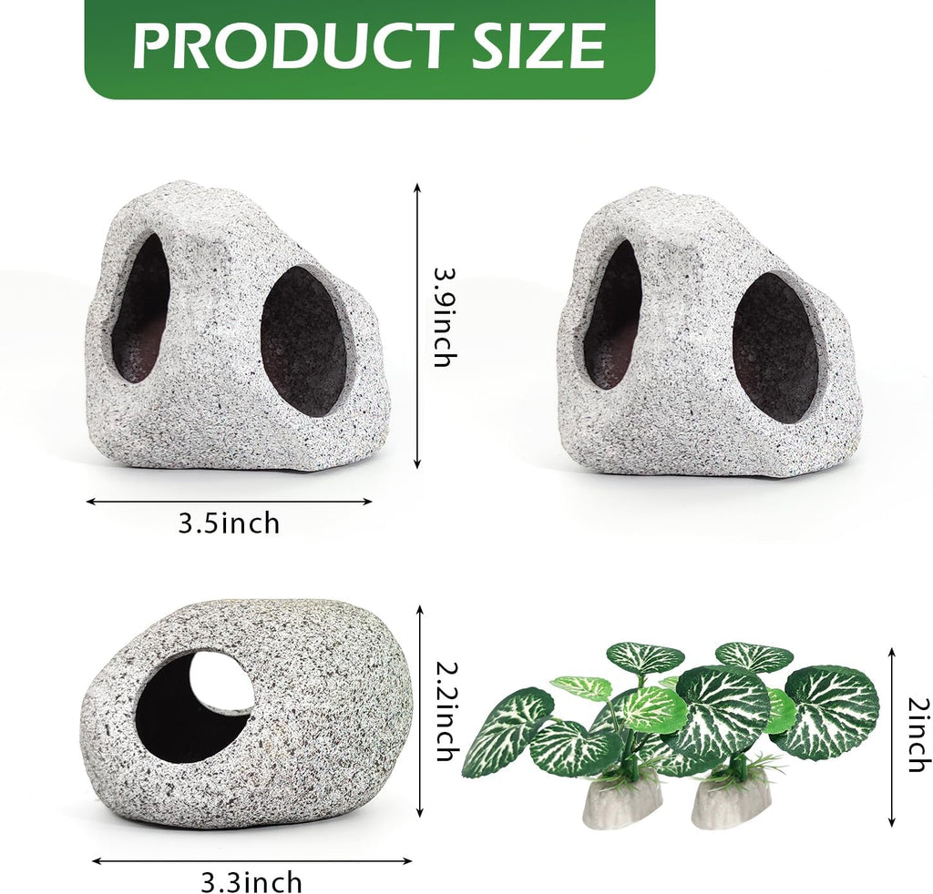 Aquarium Decorations Rock Caves Decor Betta Fish Tank Accessories 5PCS Hideout Stones House, 1PCS Aquarium Buddha Statue Decorations with Plastic Plants for Aquatic Pets Hide