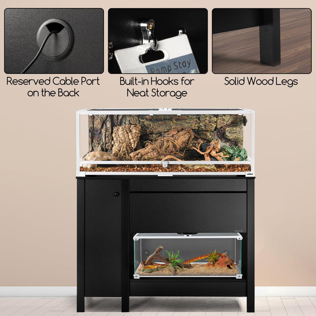 OIIBO Reptile Terrarium Stand Wooden Aquarium Stand with Cabinet for 48”Wx18”D Premium Black Reptile Terrarium Table with Retractable Flap