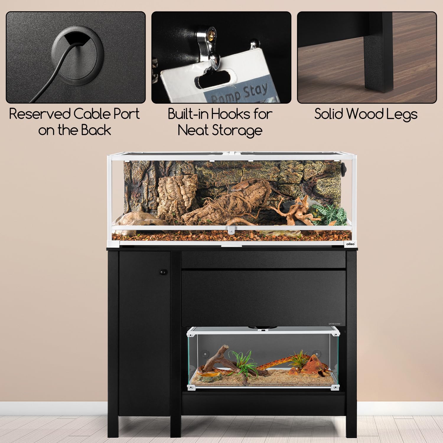 OIIBO Reptile Terrarium Stand Wooden Aquarium Stand with Cabinet for 48”Wx18”D Premium Black Reptile Terrarium Table with Retractable Flap