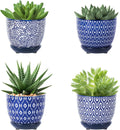 Selamica Ceramic Succulent Pots with Drainage Holes, Small Flower Pots 3.5 Inch Plant Pots for Indoor Plants with Saucers, Cactus Succulent, Home Decor, Set of 4, Vintage Blue