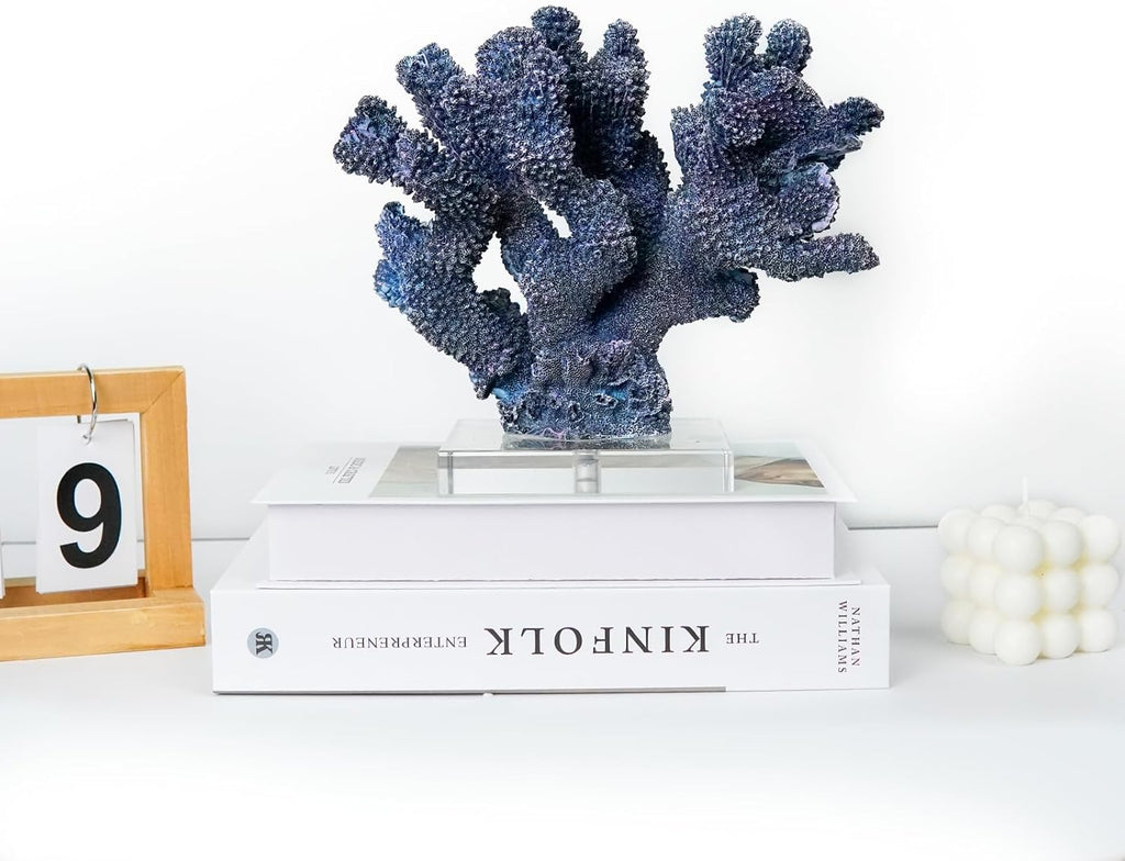 Coral Reef Beach Decor,9'' Width x 8'' High Artificial Resin Coral Reef Statue Decoration for Ocean Coastal Beach Nautical Themed Room Bathroom Decor for Home,RB1004B,Blue