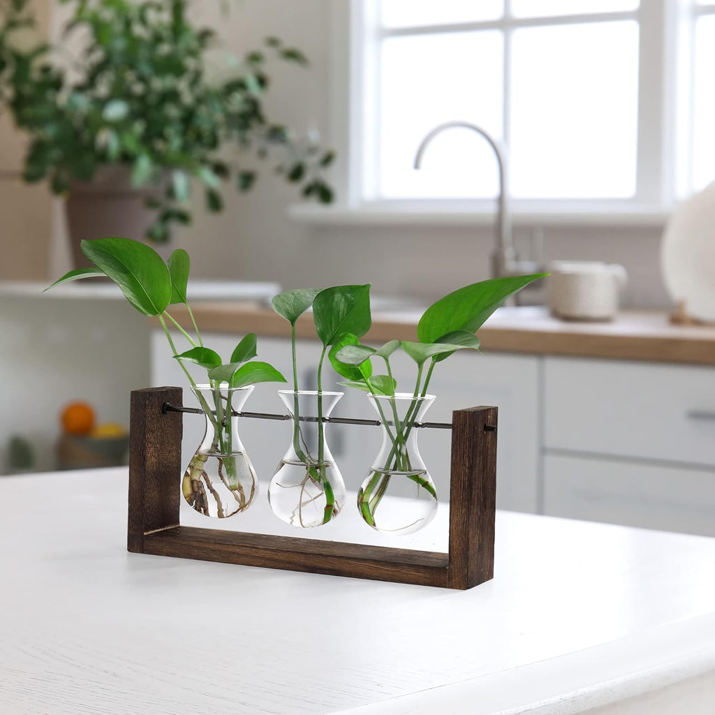 YIBOT Wall Hanging Planter Propagation Station Glass Flower Vase for Hydroponics Plants, Plant Terrarium with Wooden Stand, Bathroom, Home Office Living Room Decor Gift