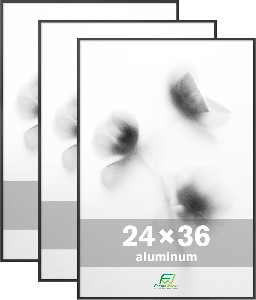 FrameWorks 24x36 Brushed Aluminum Poster Frames – Modern Brushed Metal Design w/Shatterproof Plexiglass, Perfect for Posters, Artwork, Paintings, Wall Displays – Home or Office Decor, Black - 3 Pack