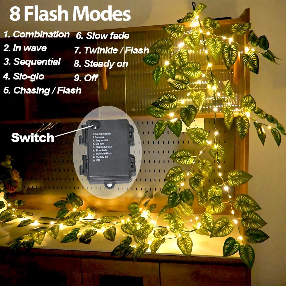 6.56FT Green Vines Garland with Lights 96 LED Battery Operated with Timer Faux Photos Vines Twig with Lights Spring Garlands Decortions for Mantel Fireplace Table Wall Patio Wedding Holiday Home Decor