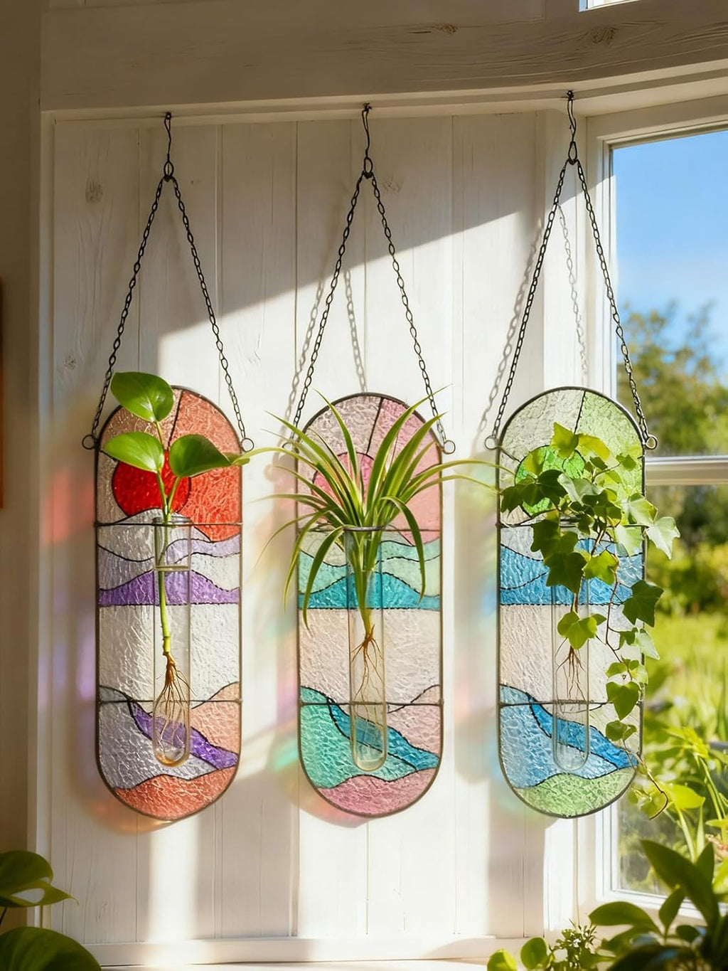 Stained Glass Plant Propagation Stations - Handmade Sunshine Catcher Hydroponic Planter Window Hanging with Glass Tubes, Christmas Terrarium Decor Gifts for Women Mom Plant Lovers, Pink