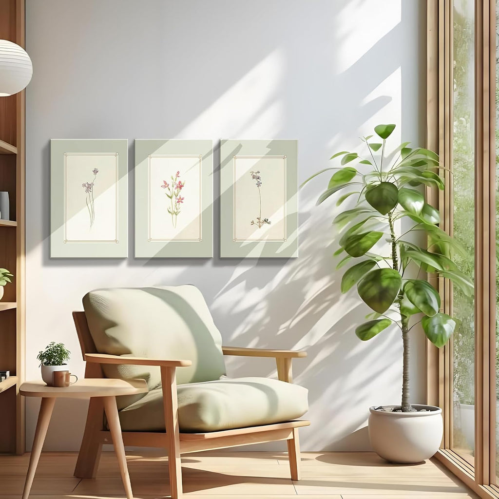 3pcs Framed Simple Vintage Floral Botanical Flower Wall Art Decor Canvas Print Natural Plant Artwork Wall Painting Poster Gallery Bedroom Living Room Office Decor 12x16 Inch Ready to Hang