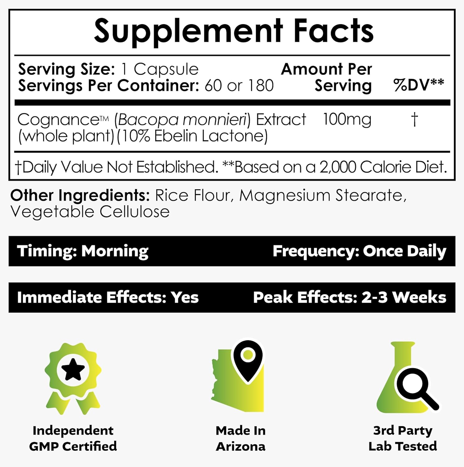 Nootropics Depot Cognance Enhanced Bacopa Capsules | 100mg | 10% Ebelin Lactone | Bacopa monnieri | Mood, Memory, & 5-HT2A Activation, 180 Count (Pack of 1)