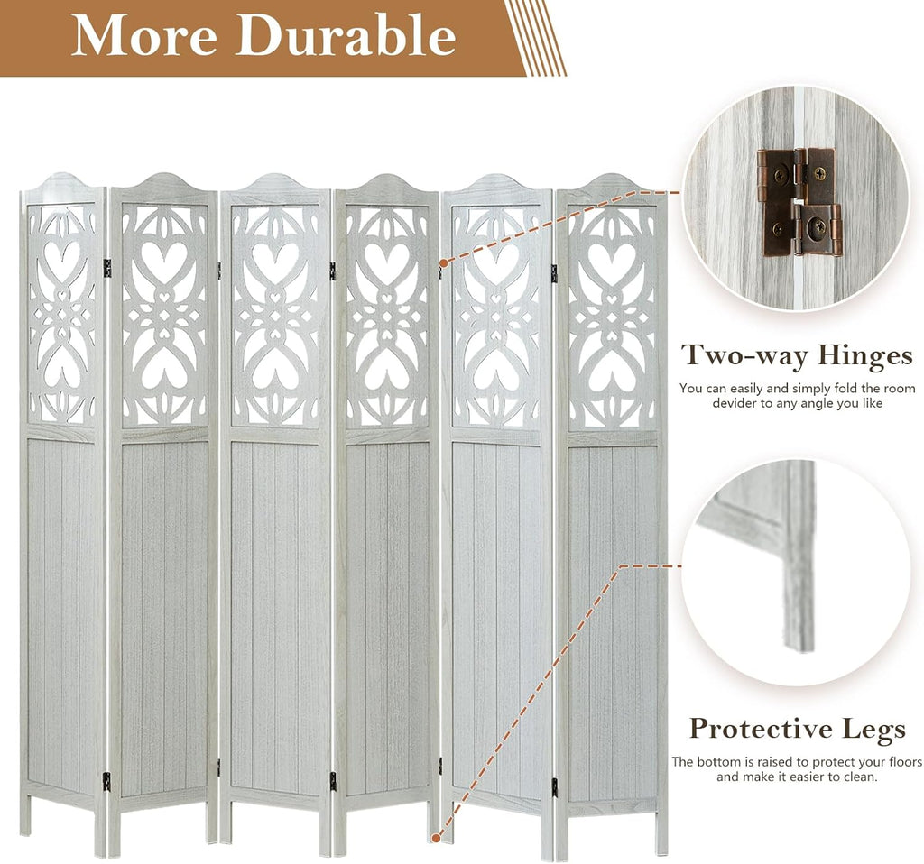 6 Panel Wood Room Divider 5.6Ft Carved Room Divider and Folding Privacy Screen, Minimalism Portable Partition Screen Divider for Room Separation, Room Decoration for Home Office - White