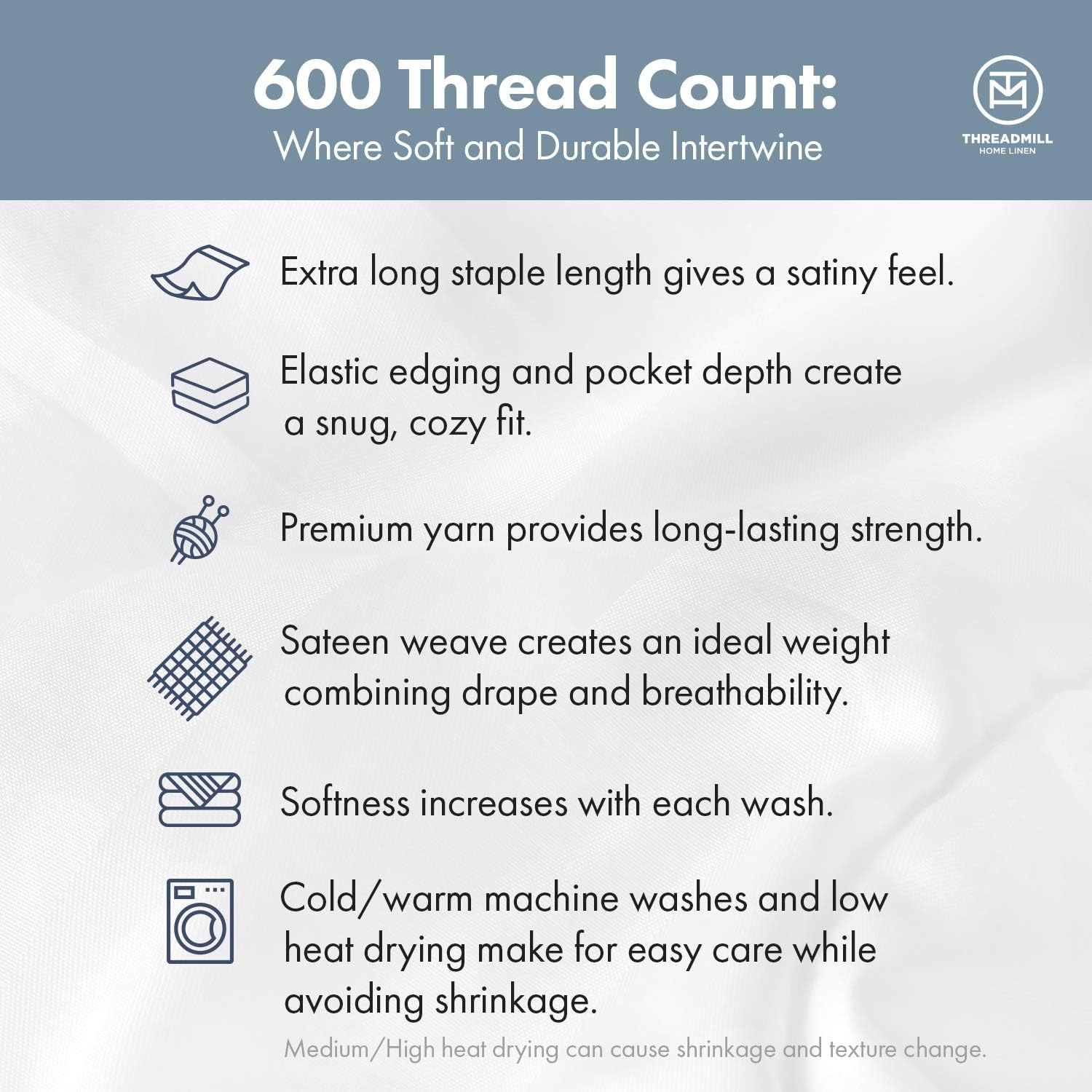 Threadmill 100% Cotton Sheets for King Size Bed - 600 Thread Count King Bed Sheets Set with 16” Deep Pocket - Damask Stripe Sateen Weave 4-Piece Bedding Set with Cooling Effect, Dark Grey