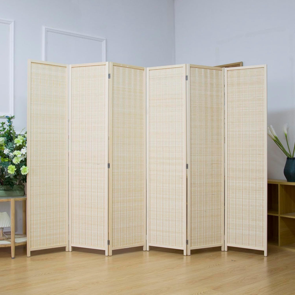 6 Panel Bamboo Room Divider, 5.6 FT Tall Folding Privacy Screen, Freestanding for Room Separation, Beige