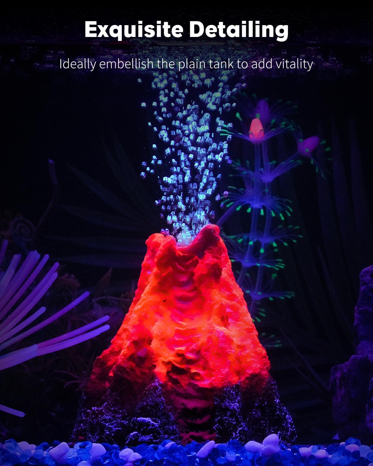 Uniclife Aquarium Volcano Ornament Kit, Colorful LED Light Decor for Fish Tank, Landscape Addition and Oxygenation, Realistic Resin Volcanic Decoration with Air Stone Bubbler