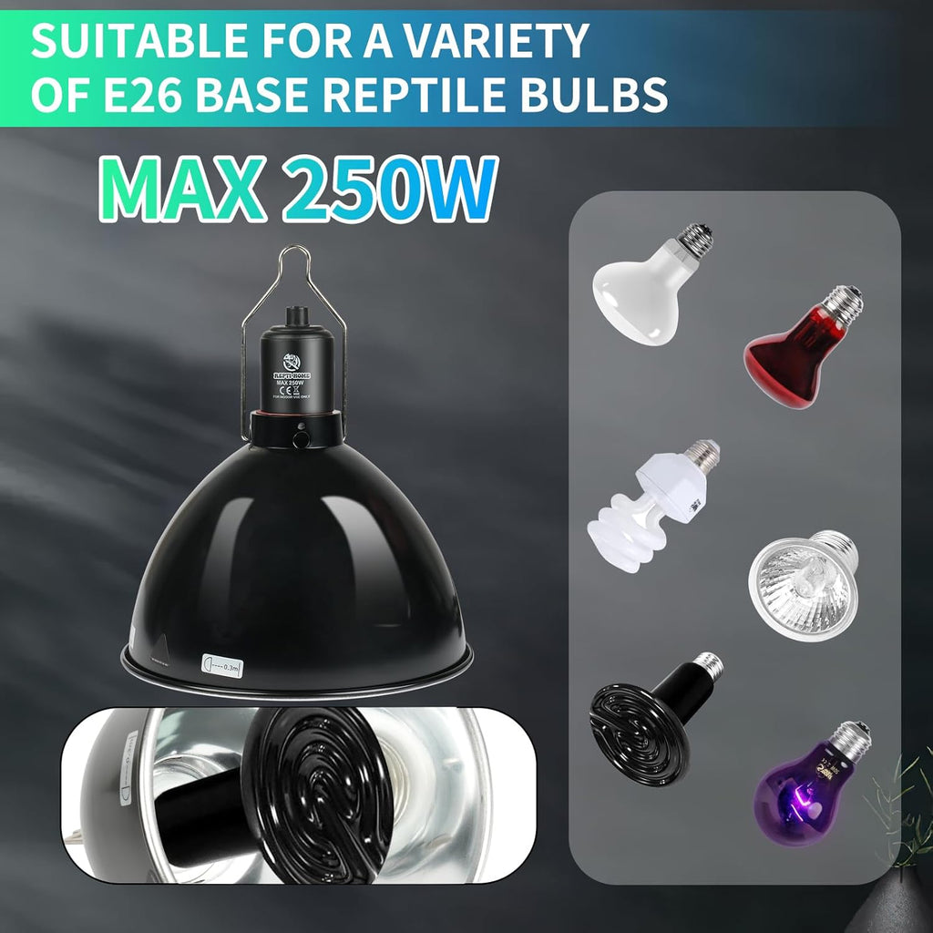 Reptile Light Fixture with Dimming Thermostat, 8.5 Inch Deep Dome Light Fixture with Timer, Reptile Aluminum Dome Fixture for Basking/Heat/UVA/UVB Lamp Bulb