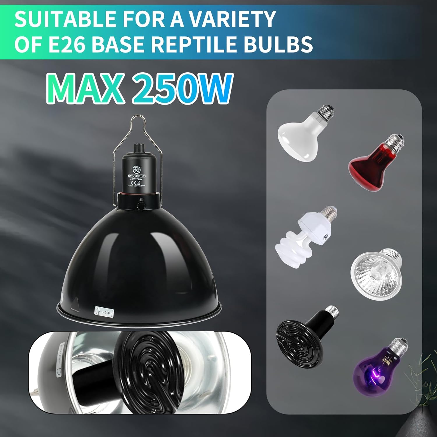 Reptile Light Fixture with Dimming Thermostat, 8.5 Inch Deep Dome Light Fixture with Timer, Reptile Aluminum Dome Fixture for Basking/Heat/UVA/UVB Lamp Bulb