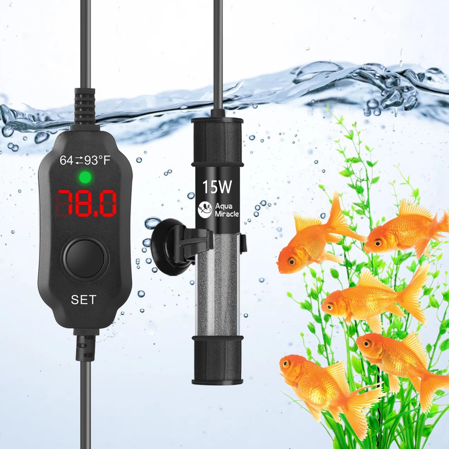 AquaMiralce 15W Aquarium Heater with Compact Size, Submersible Fish Tank Heater with LED Digital Display Thermostat, Adjustable Fish Heater Turtle Heater for 1-3 Gallon Tanks