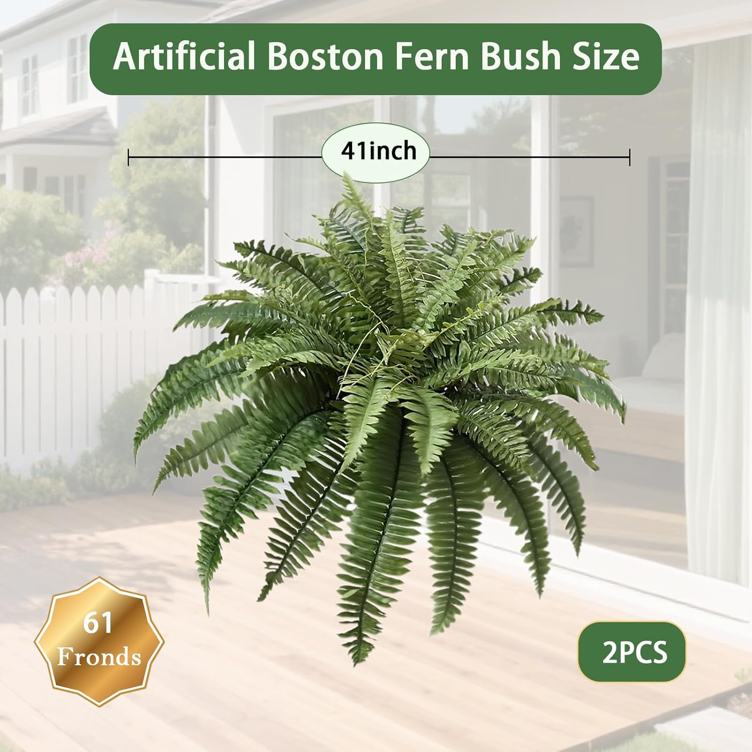 41IN Artificial Hanging Ferns,Large Boston Fake Ferns 61 Branches,Artificial Silk Green Plant for Outdoor Home Garden Porch Decor(Pack of 2)