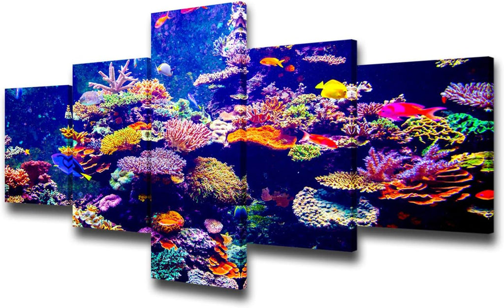 Purple Coral Reef Pictures Undersea Plants Paintings for Living Room Artwork for Walls Small Fishes Wall Art 5 Panel Printed on Canvas Gallery-Wrapped House Decor Framed Ready to Hang(50''Wx24''H)