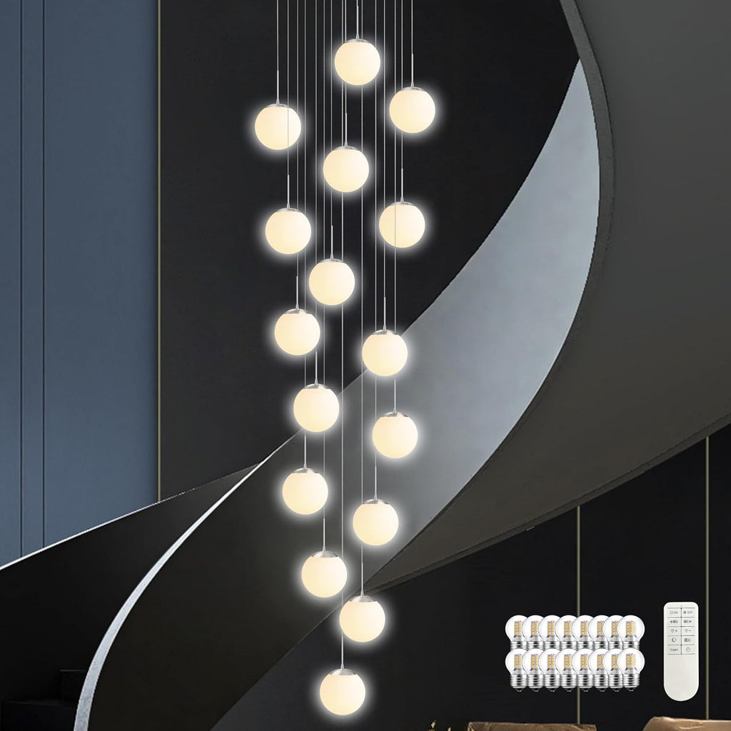 KoKo&Yukina 16-Light Nickel Mid Century Modern Chandelier for Living Room Staircase Chandelier for Entryway Globe Milky White Glass Pendant Light High Ceiling Chandeliers Foyer (Bulb & Remote Incl.)