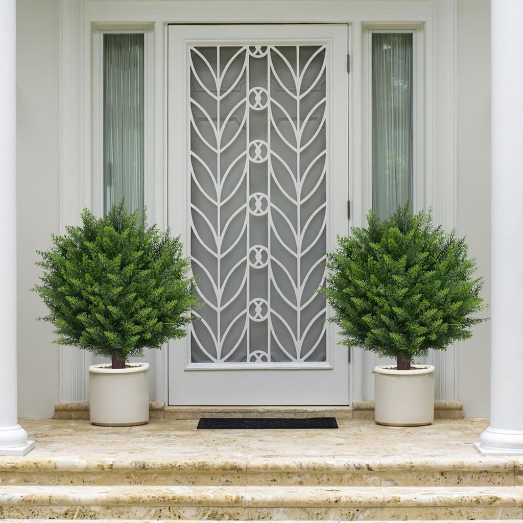 Artificial Set of 2 Cedar Topiary Ball Trees 22" for Outdoors with Ground Spike, UV Resistant Faux Cypress Plants into Anywhere, Evergreen Shrubs Bushes for Room Front Porch Garden Backyard Decor