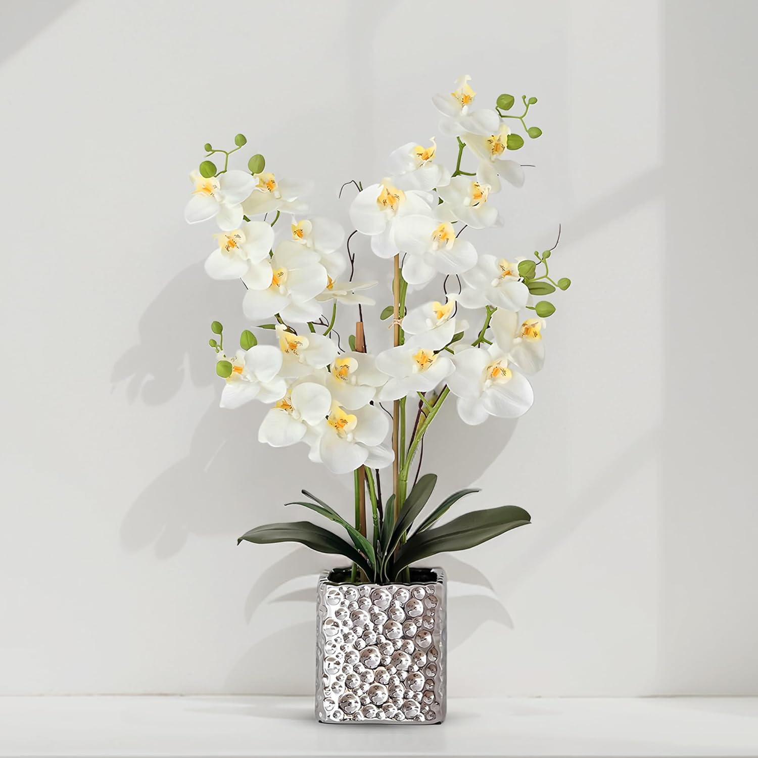 SJC Orchid Artificial Flowers with Sliver Vase Large Silk Faux Phalaenopsis Flowers for Dining Room Table Floral Centerpieces Indoor Decoration,White