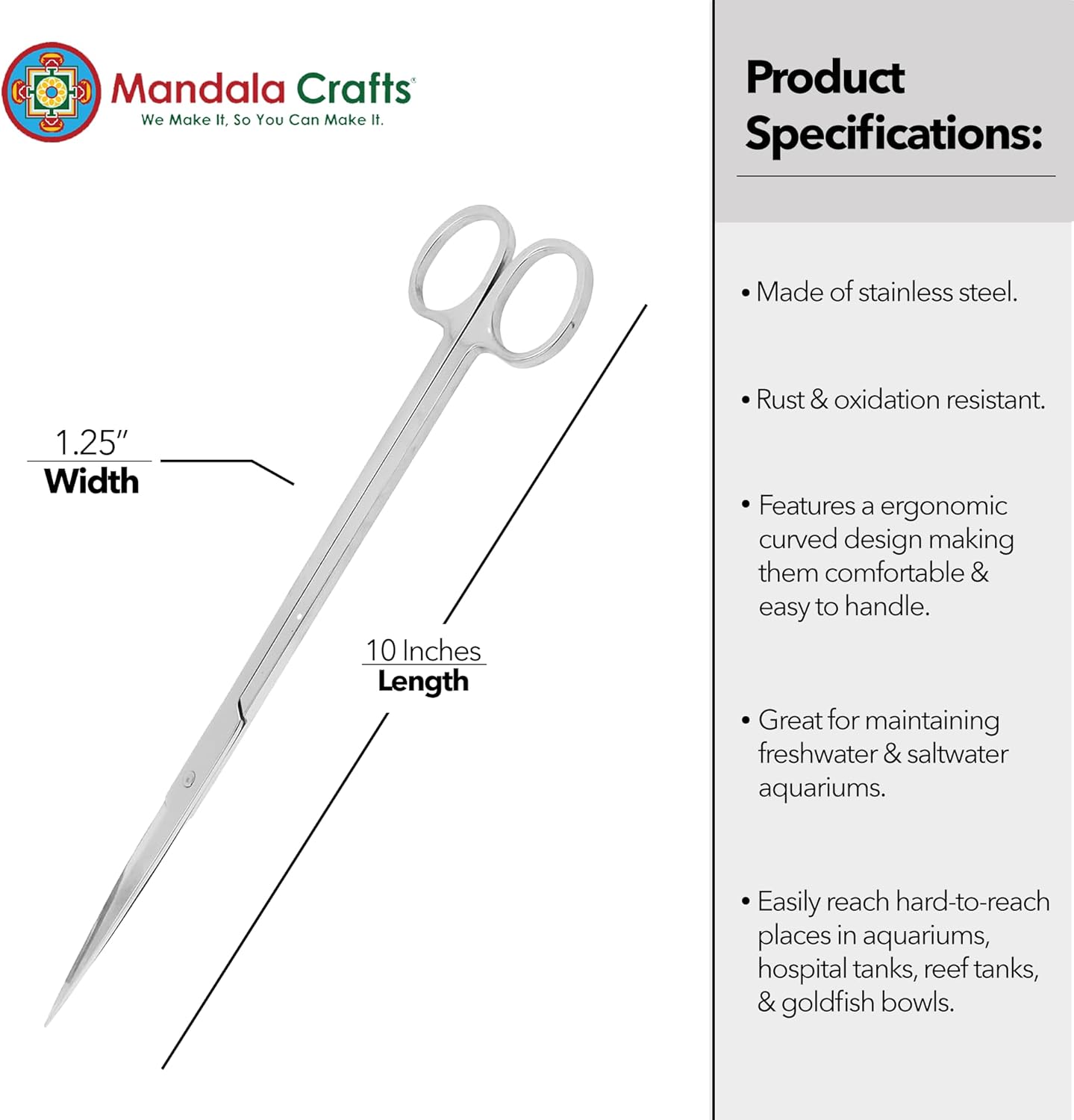 Mandala Crafts 10 Inches Silver Stainless Steel Straight Aquarium Scissors for Trimming Aquatic Plants – Long Aquascape Scissors for Fish Tanks, Hospital Tanks, Goldfish Bowls, and Terrariums