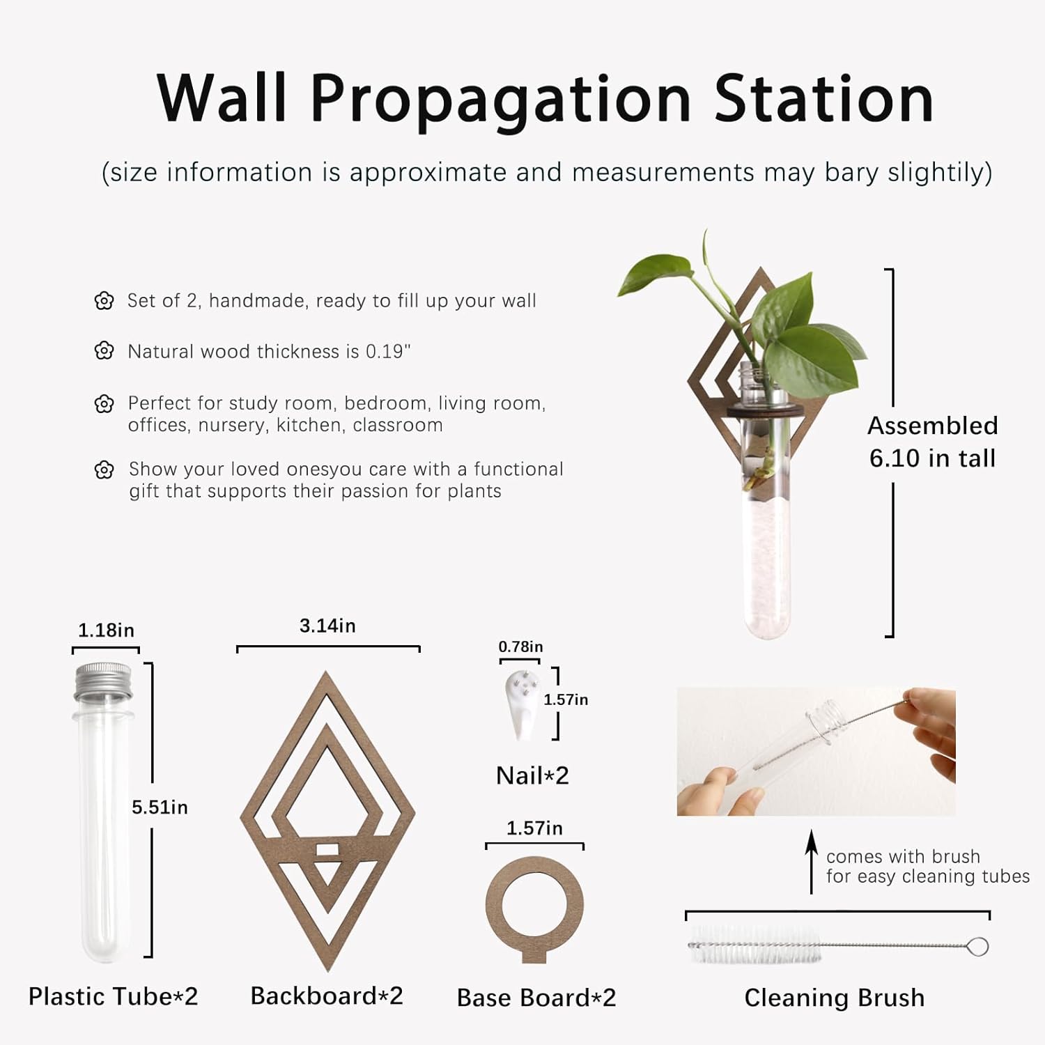2 Pack Plant Propagation Station Wall Hanging Wooden Diamond Shaped Plant Terrarium for Hydroponics Home Office Decor Test Tube Propagate Air Plant Cutting Holder