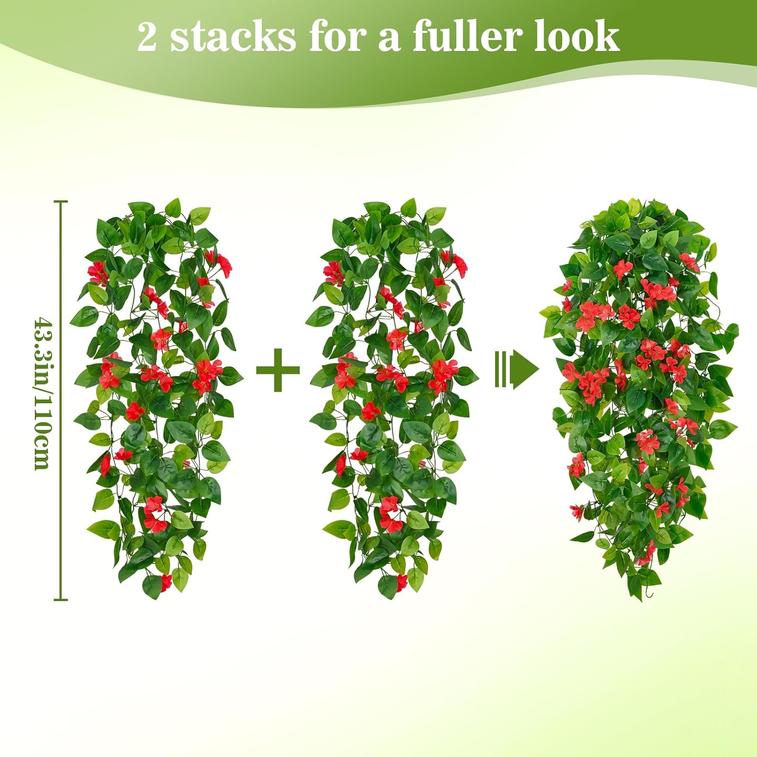 BLEUM CADE Artificial Hanging Flowers for Outdoors, 4pcs Fake Hanging Plants Pothos Vines with Red Flowers for Wall Home Living Room Indoor Outdoor Decor (No Baskets)