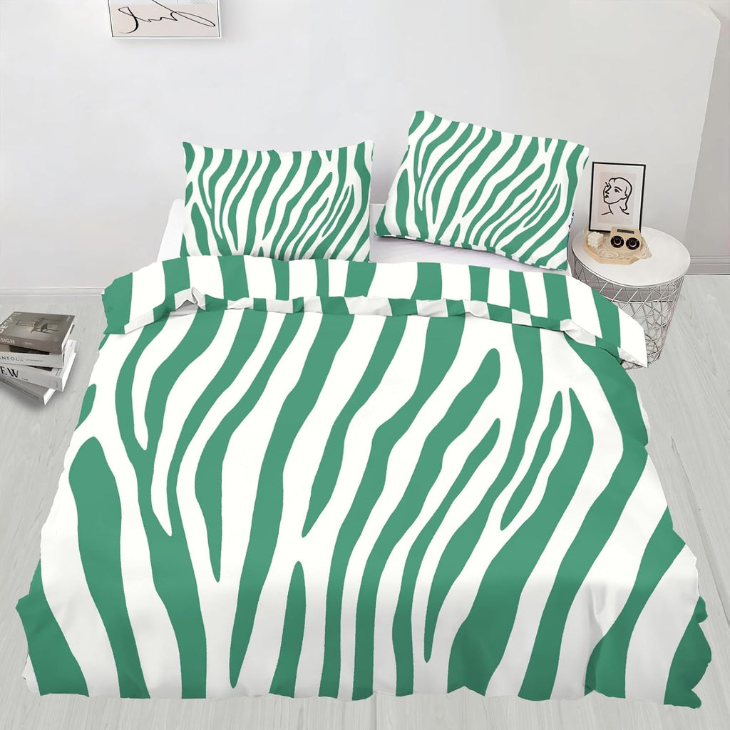 Mint Green Zebra Duvet Cover Full Size, Waterproof Lines Bedding Set 3 Piece Bedroom Decor Zebra Stripe Comforter Cover and 2 Pillow Sham with Zipper Closure