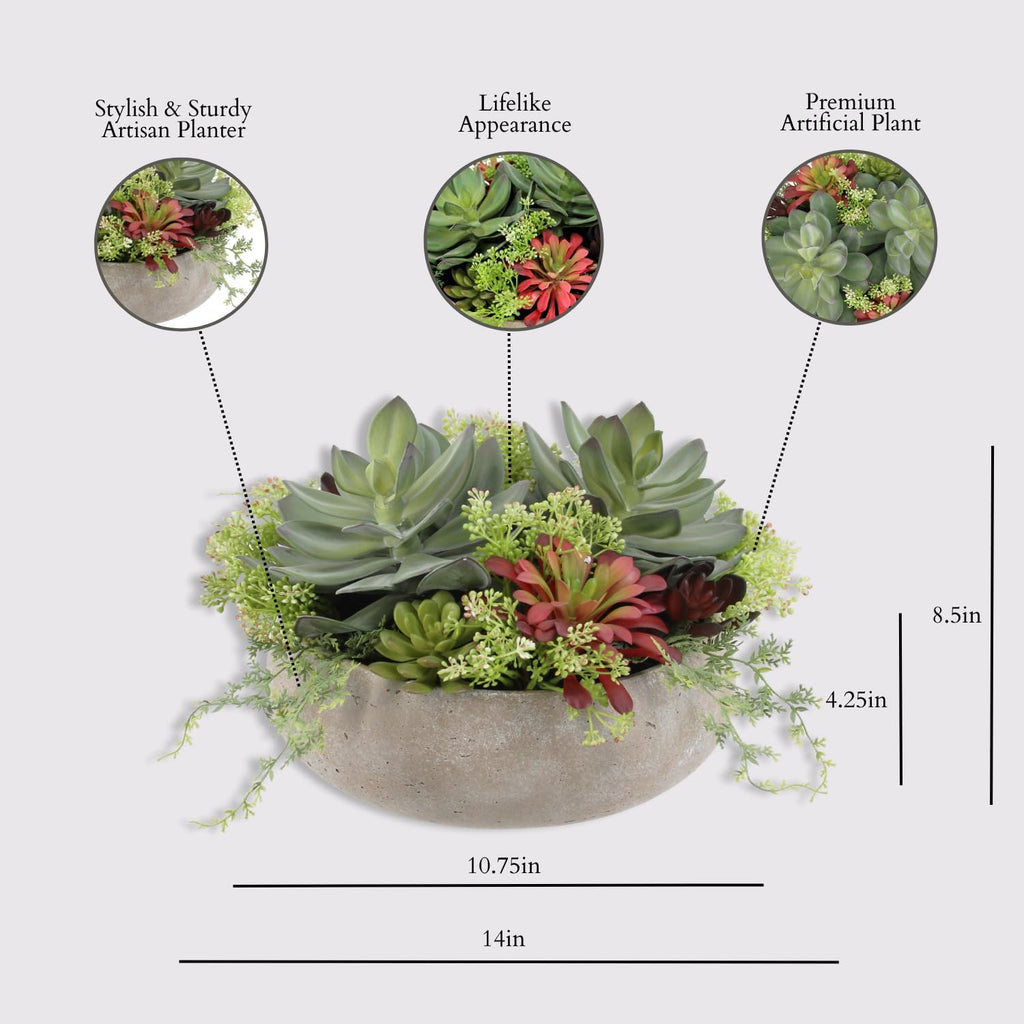 Round Faux Succulent Arrangement, 14" Premium Artificial Indoor Plant Enhances Interior Design, Display on Any Surface in Your Home Adding an Inviting Touch of Nature, Natural Planter Pot Included
