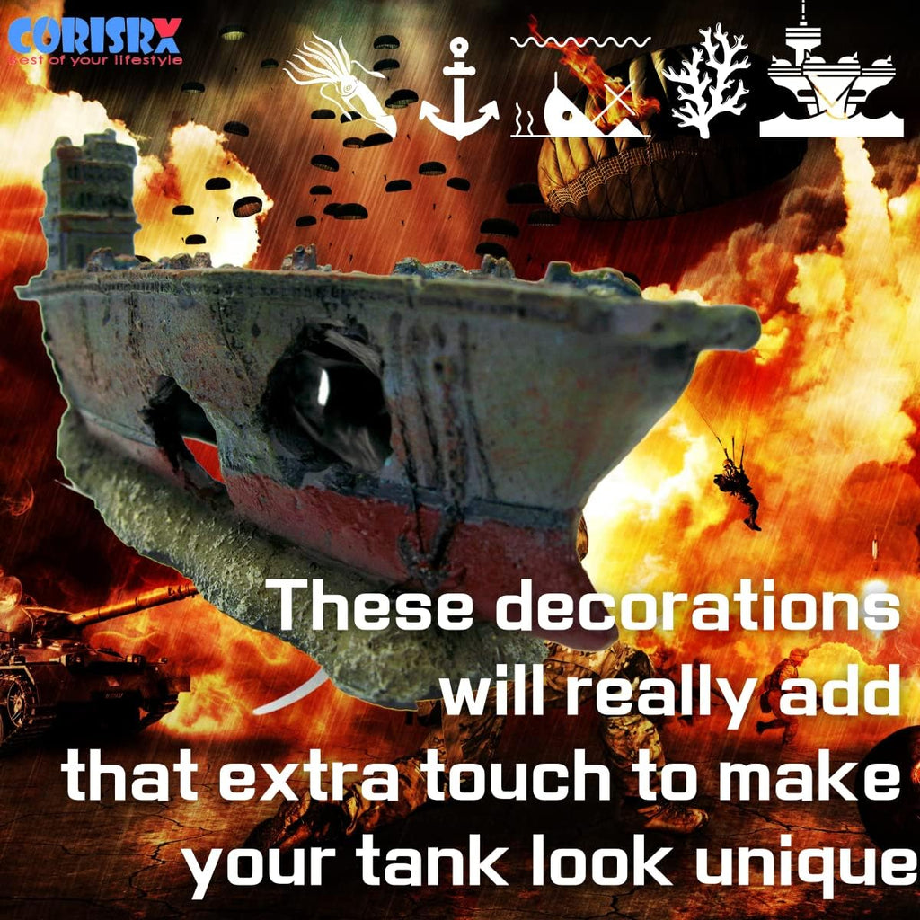 CORISRX BEST OF YOUR LIFESTYLE Dr. Moss Aircraft Carrier Cave Aquarium Ornament - Navy Warship Battleship Decoration Ship