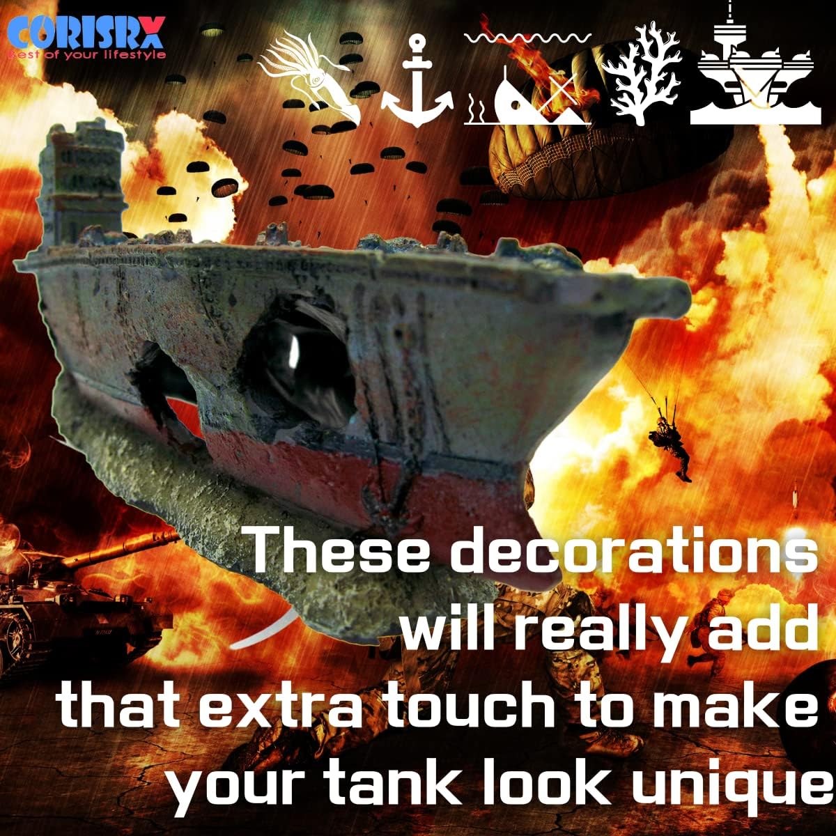 CORISRX BEST OF YOUR LIFESTYLE Dr. Moss Aircraft Carrier Cave Aquarium Ornament - Navy Warship Battleship Decoration Ship