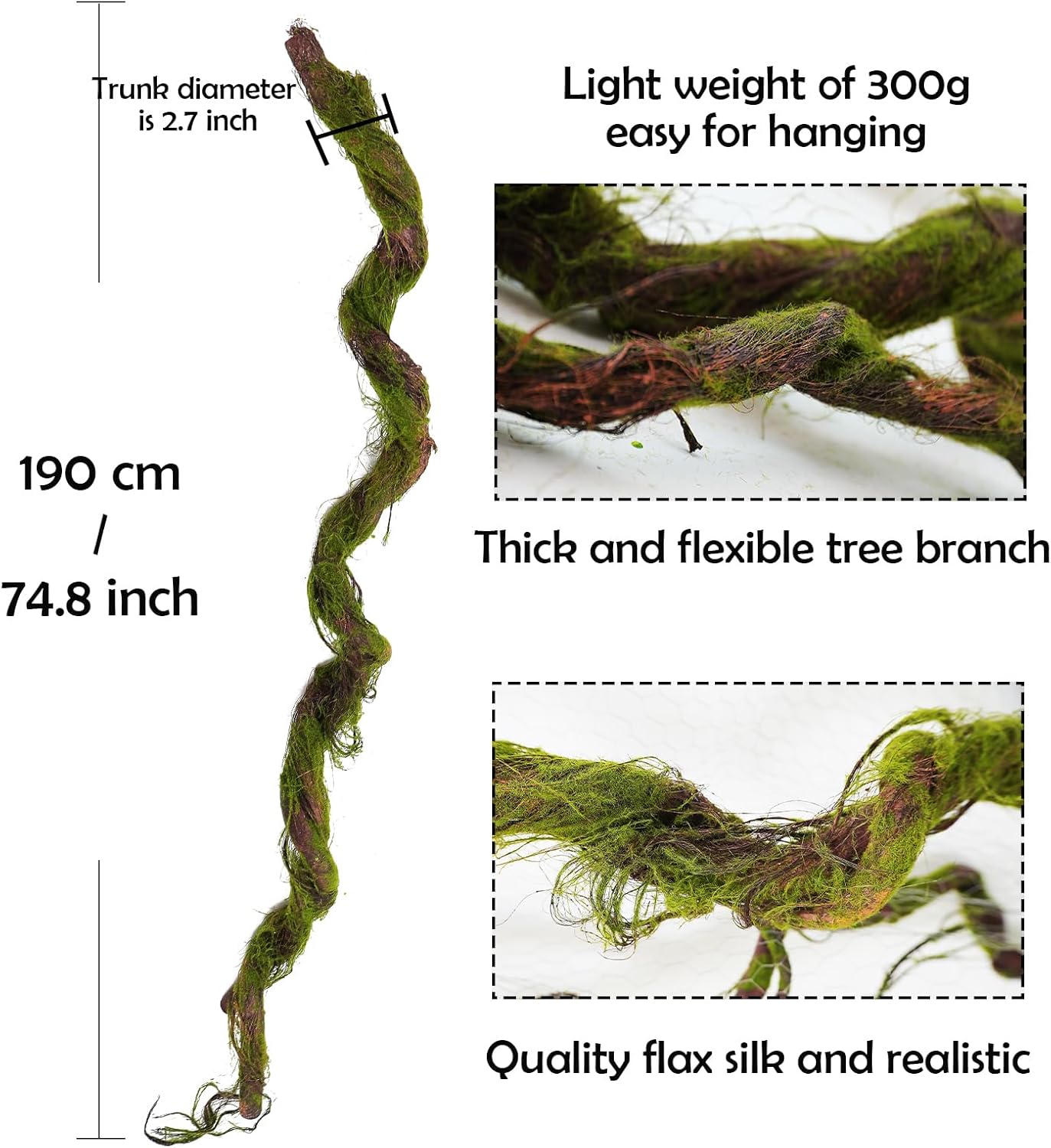 190cm/74.8inch Flax Silk Big Bendable Artificial Tree Trunk Fake Tree Twigs Branches Green Grape Rattan Vine Garland Plants for 3D Wall Hanging Garden Outdoor Home Halloween Decoration
