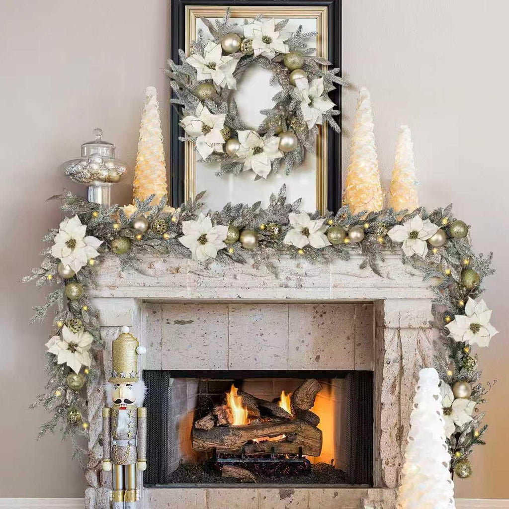 Christmas Wreath Artificial Wreath with White/Silver Balls, Ivory Poinsettias and Gold Leaf for Christmas Holiday Decoration for Home Front Door (Indoor & Outdoor Use)