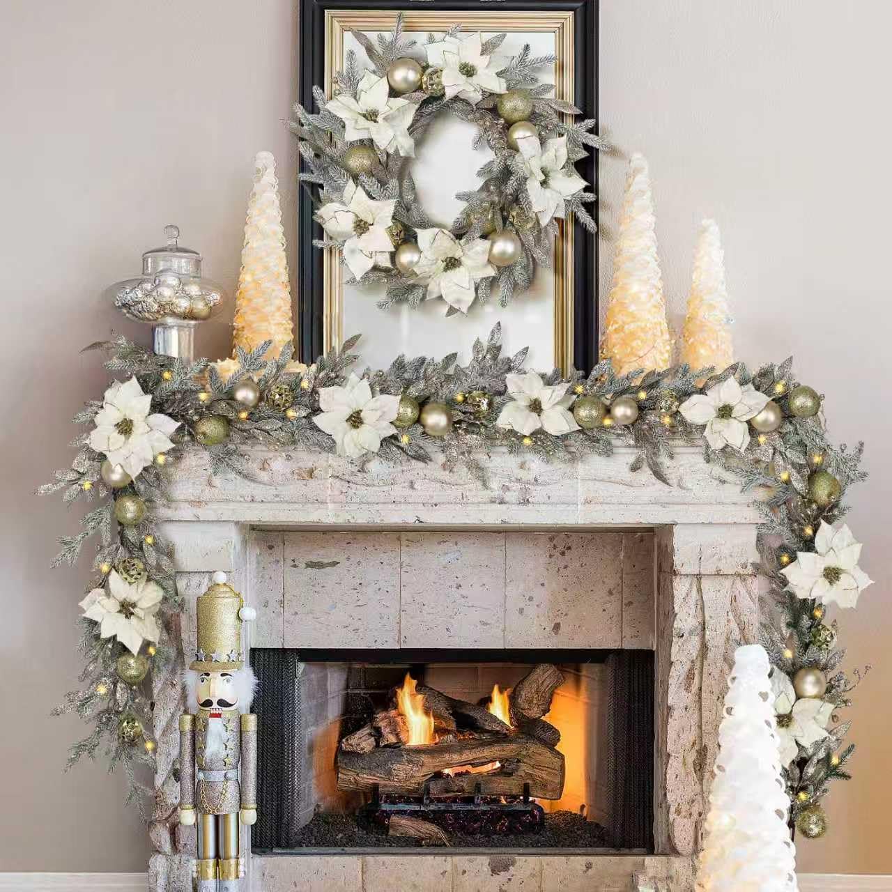Christmas Wreath Artificial Wreath with White/Silver Balls, Ivory Poinsettias and Gold Leaf for Christmas Holiday Decoration for Home Front Door (Indoor & Outdoor Use)