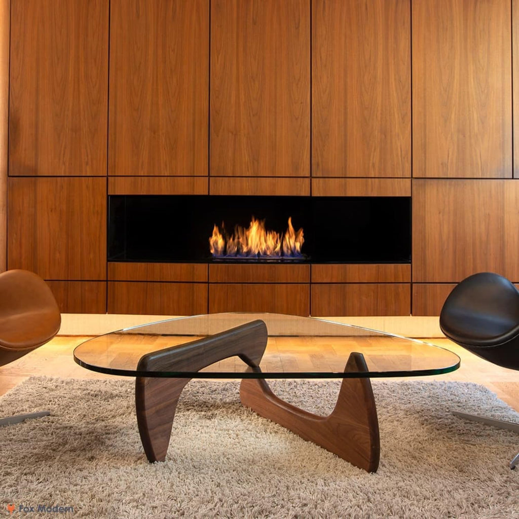 Triangle Glass Coffee Table Modern Noguchi Coffee Table, with Vintage Clear Glass, and Solid Wood Base, End Table for Living Room, Office, Balcony, Patio (Dark Walnut)