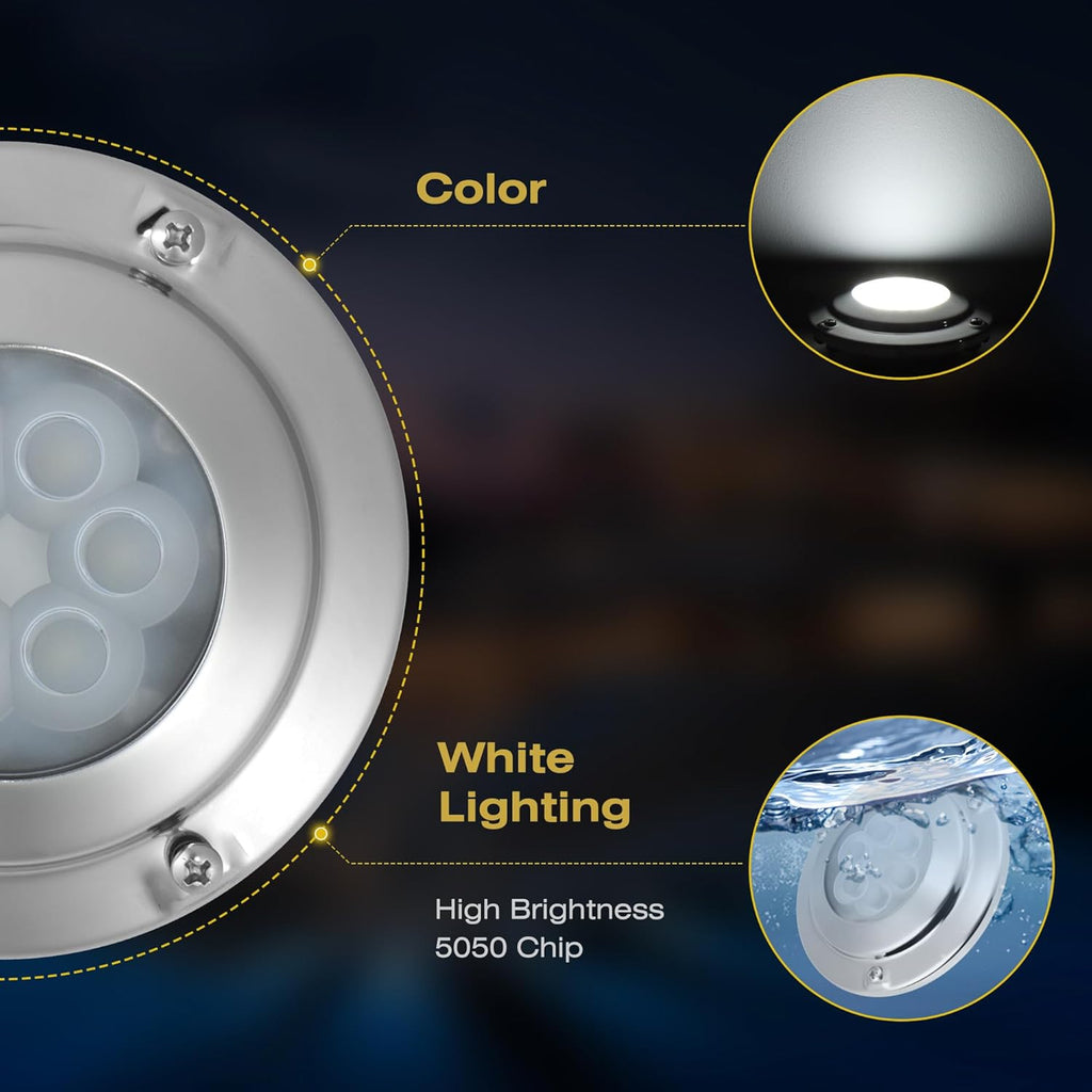 Goldlife 6,000LM Marine Underwater LED Light for Boat, B4-4 White, 4.3" 60W DC10-30V 6LED Dimmable Color-Changing IP68 Submersible Boat Yacht Transom Pontoon Sailboat Light Surface Mount 316 Stainless