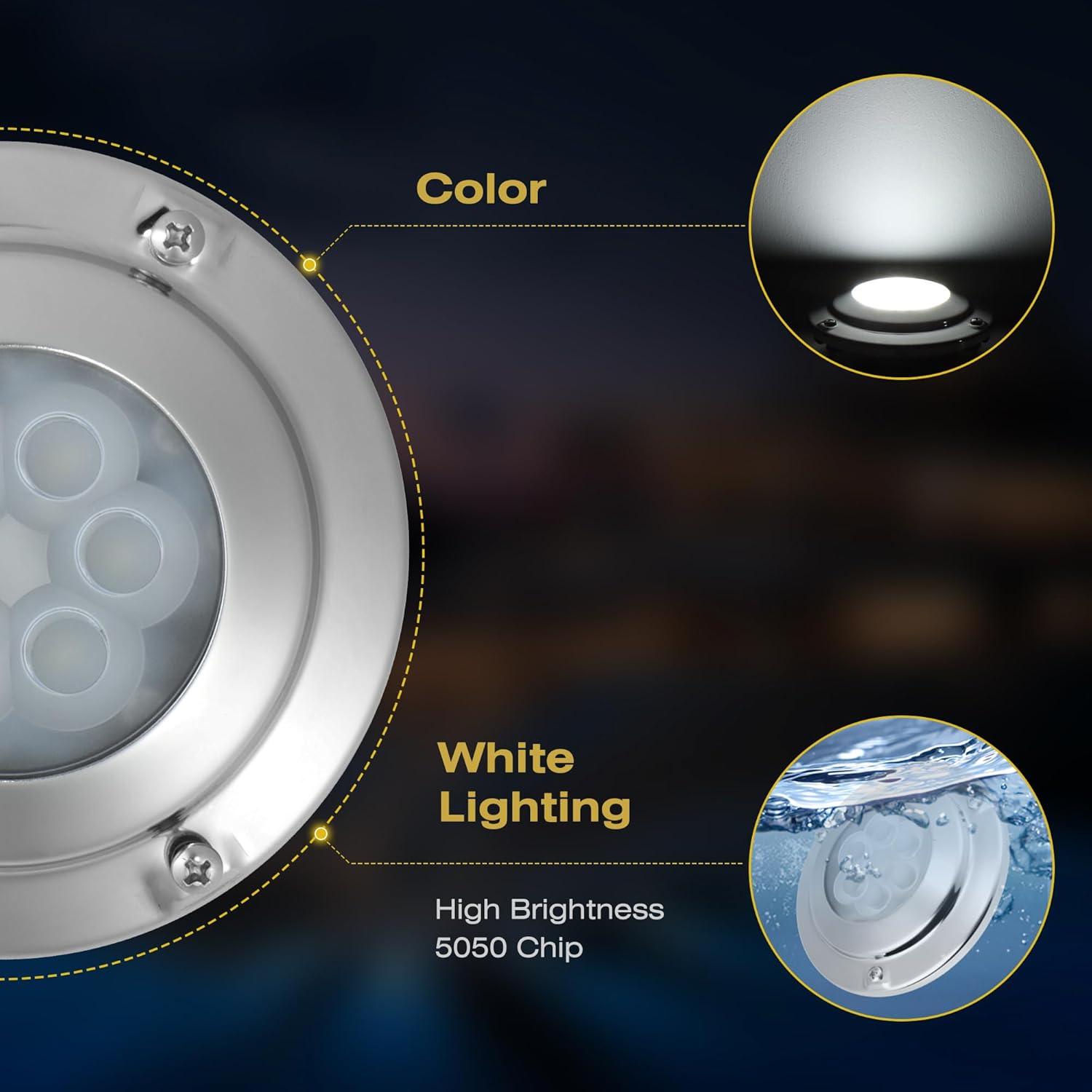 Goldlife 6,000LM Marine Underwater LED Light for Boat, B4-4 White, 4.3" 60W DC10-30V 6LED Dimmable Color-Changing IP68 Submersible Boat Yacht Transom Pontoon Sailboat Light Surface Mount 316 Stainless