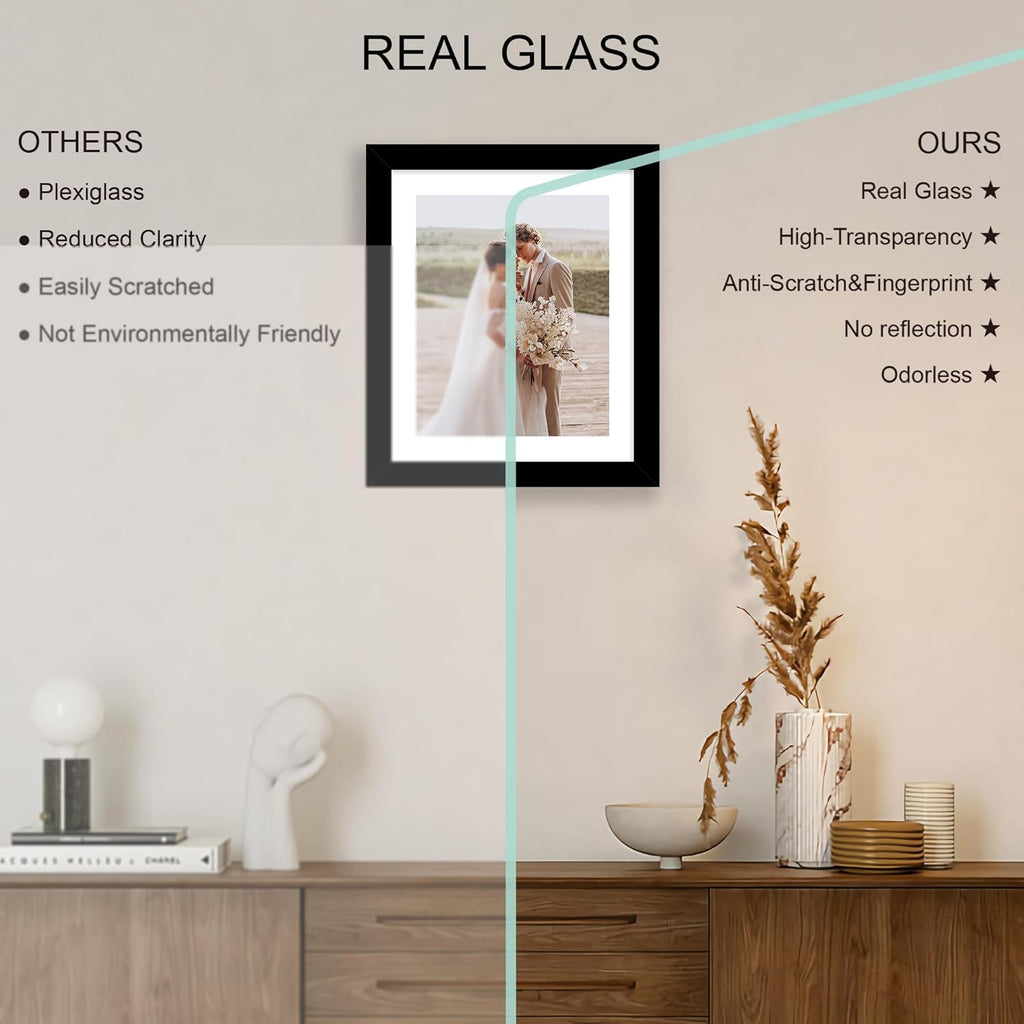 10x12 Picture Frame Set of 4, Made of Real Glass and Black Frame - Display Picture 8x10 with Mat or 10x12 Without Mat, 10 by 12 Photo for Wall Mounting