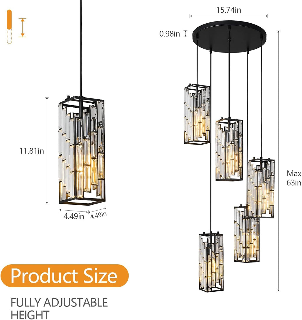 Black Pendant Lighting Modern Pendant Light, Mini Crystal Chandeliers,Adjustable Pendant Light Fixture for Kitchen Island Dinning Room Bedroom (5 Light)