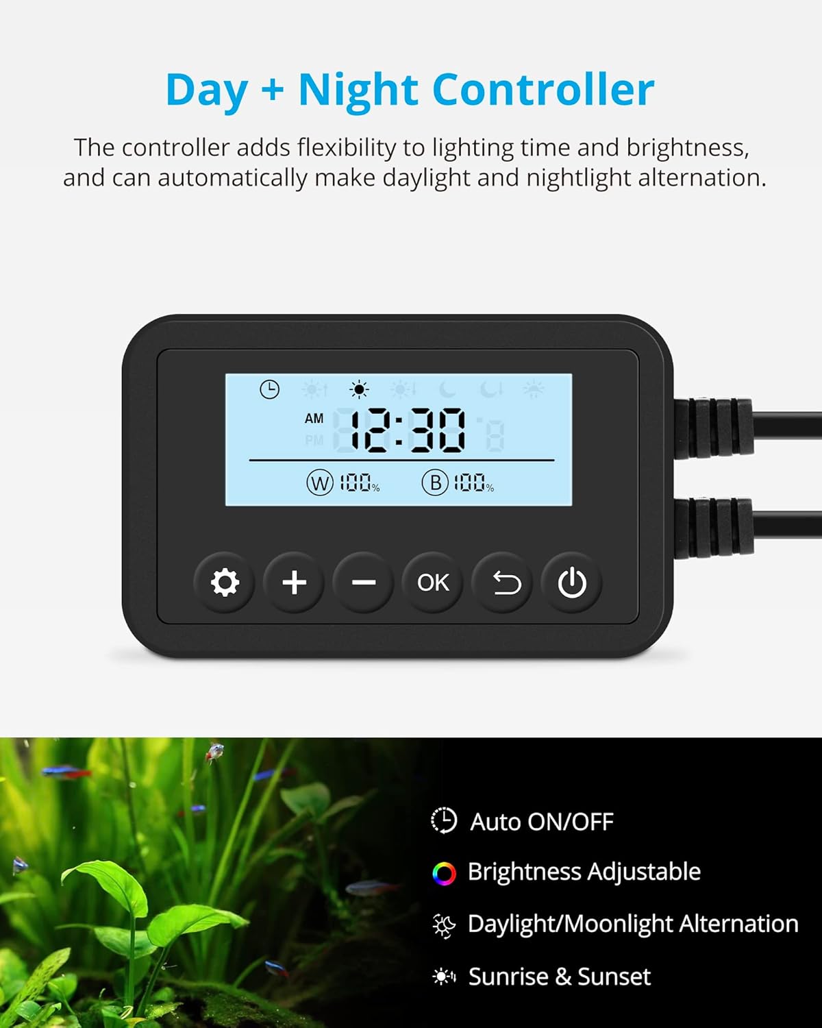 NICREW SkyLED Plus Aquarium Plant Light, Freshwater Fish Tank Light with Ramp Up and Dim Down, Spectrum Adjustable and Lighting Schedule Programmable with Controller, 30-36 Inches, 30 Watts