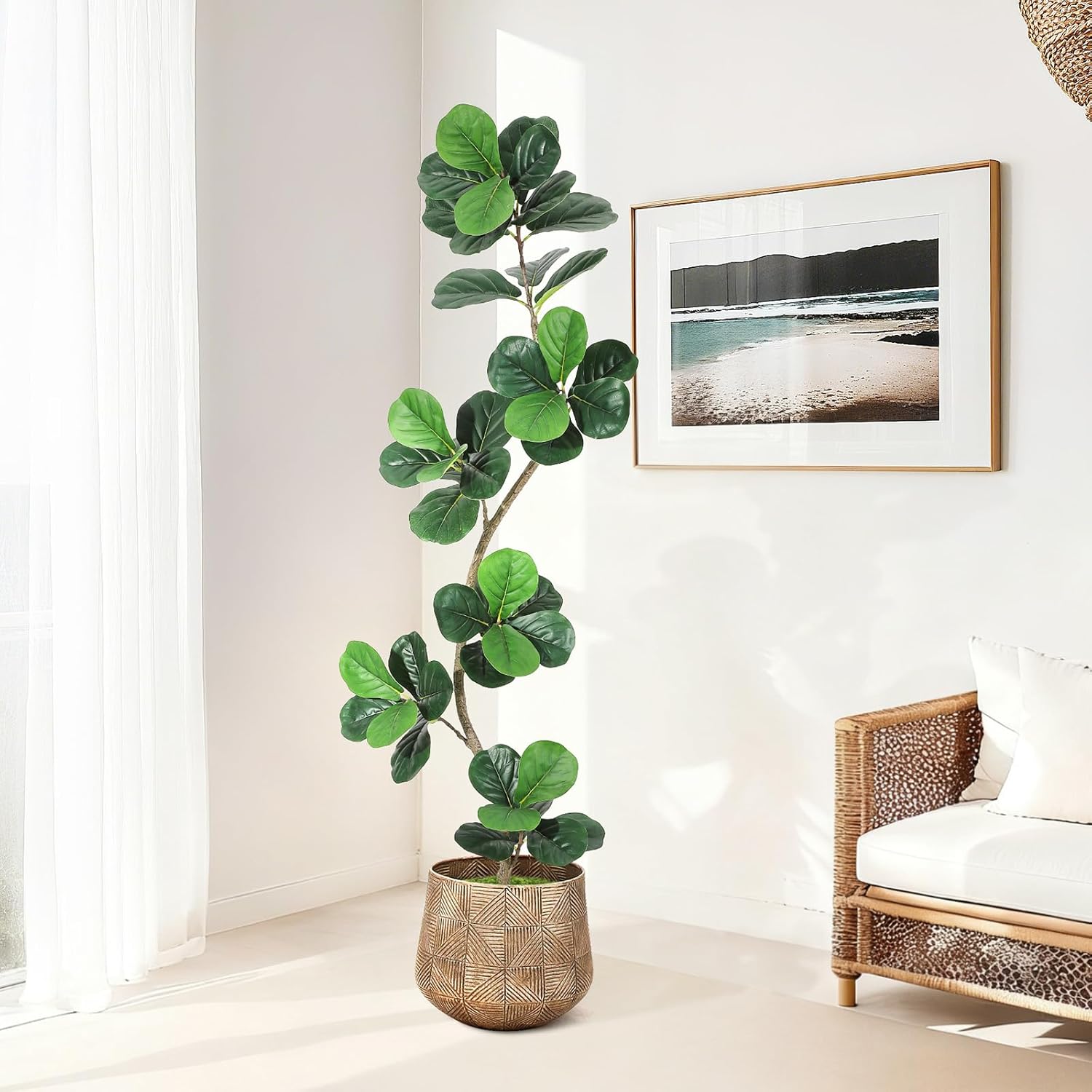 GarveeHome Fiddle Leaf Fig Artificial Tree with White Planter,6 ft Faux Plants Indoor with Moss, Fake Rubber Tall Fake Floor Plant in Pot - Artificial Trees for Home Office Living Room Decor